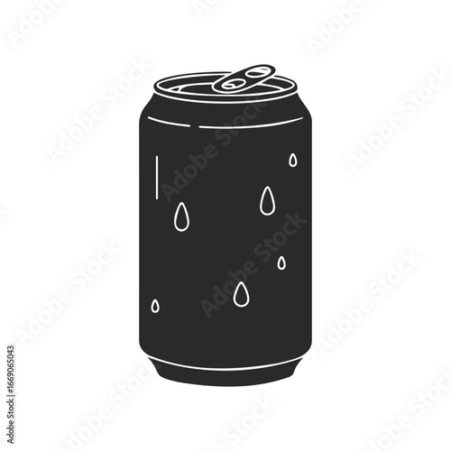 Black and white illustration of a beverage can with water droplets