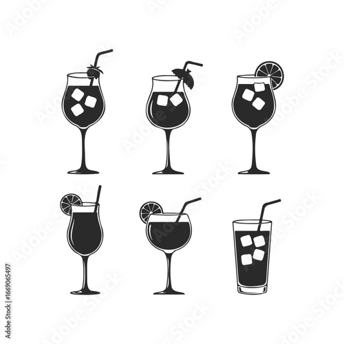 Silhouette set of six cocktails with garnishes and ice cubes