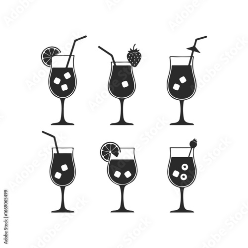 Collection of six black silhouette cocktails with garnishes and straws