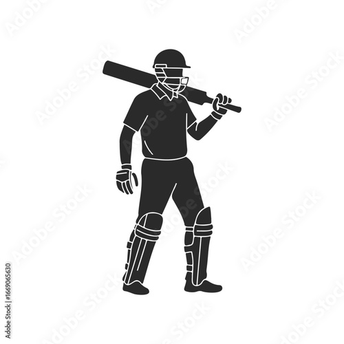 Silhouette of a cricketer with bat and protective gear