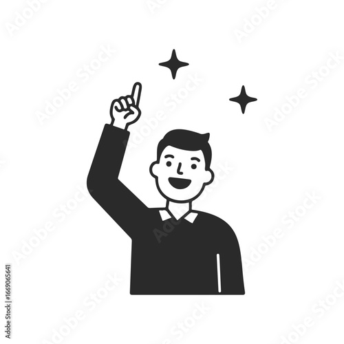 Young caucasian male cartoon character pointing upward with stars