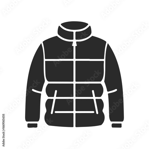 Black puffer jacket icon with high collar and front zipper detailing