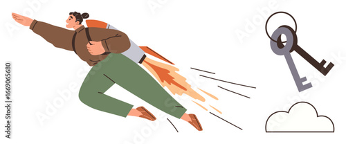 Person using a jetpack flying toward keys and cloud, symbolizing achievement, unlocking potential, ambition, freedom, innovation, exploration and goals. Ideal for success concepts. Simple flat