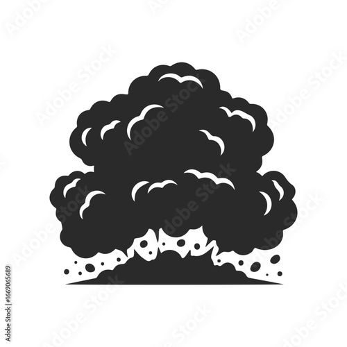 Black and white explosion cloud with smoke and debris on white background
