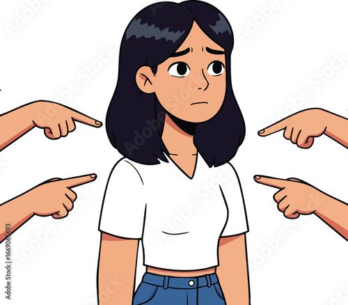 Young woman facing blame and judgment from multiple pointing hands expressing social pressure and isolation in modern illustration 