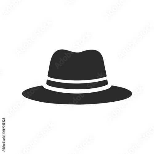 Black fedora hat icon with white band on white background