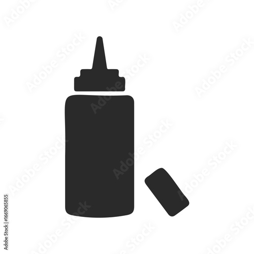 Black silhouette of sauce bottle and cap on white background
