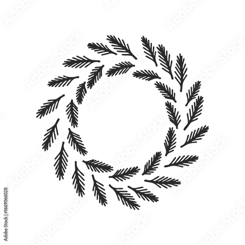 Simple black pine branch wreath design on white background