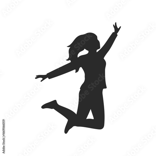Silhouette of a young female jumping joyfully on a white background