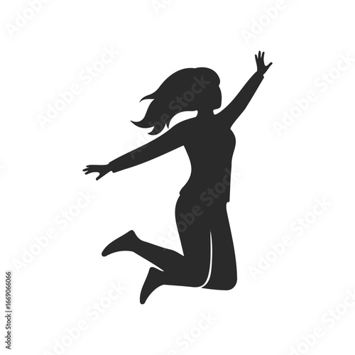 Silhouette of a young female in mid-air jump against white background