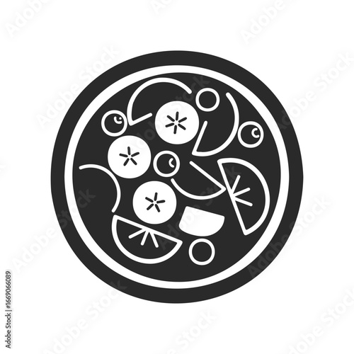 Monochrome pizza icon with sliced ingredients on white background