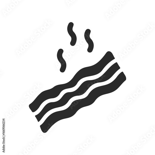 Steaming hot bacon strips icon in black and white