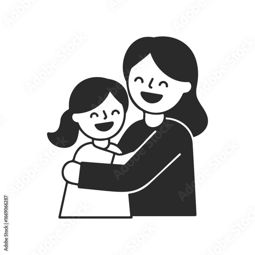 Happy caucasian female child and adult hugging in black and white illustration