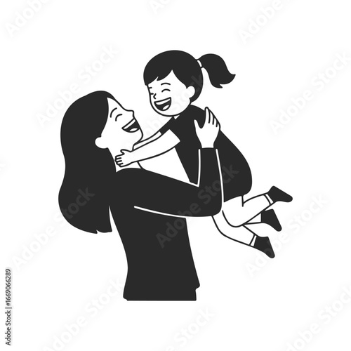 Happy asian female adult lifting asian female child in joyful embrace
