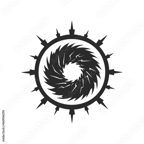 Intricate black mandala with spiked edges on white background