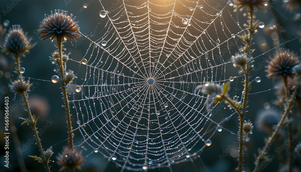 Fototapeta premium A delicate spiderweb, adorned with glistening dewdrops, is intricately woven between wild plants in the soft morning light