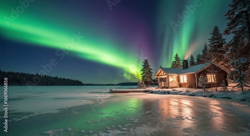Enchanting aurora borealis paints a winter cabin scene with luminous hues and icy reflections