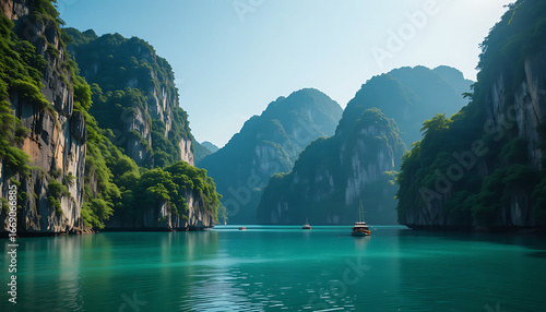 Majestic limestone karsts rise dramatically from the emerald waters of ha long bay, vietnam, with traditional junks sailing peacefully under a clear blue sky