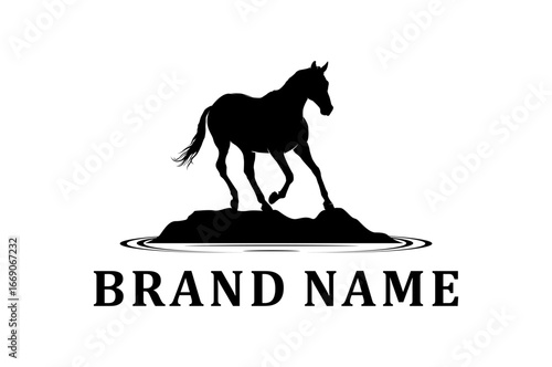 Horse silhouette behind wooden fence paddock for countryside western country farm ranch logo design