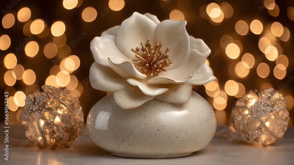 Obraz premium A delicate cream-colored ceramic vase, accented with gold details, holds a beautiful white magnolia flower against a backdrop of warm, golden bokeh lights.