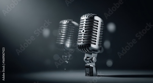 Sleek silver microphone capturing audio in a classic broadcasting studio setting