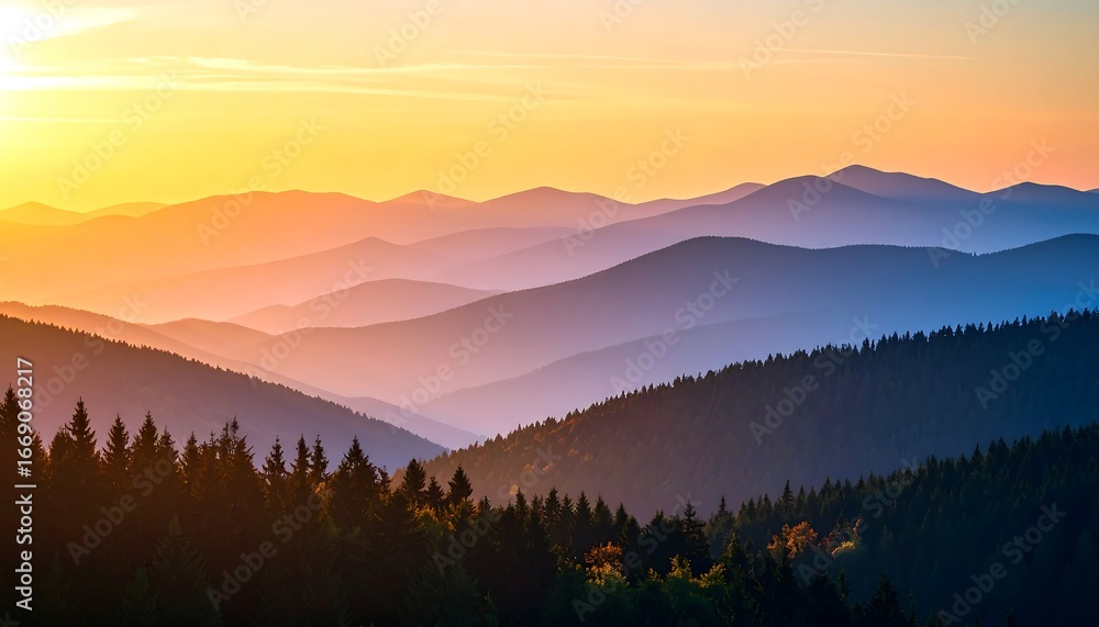 Obraz premium Sunset over layered mountains.