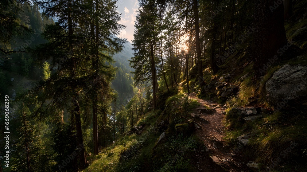 Fototapeta premium A sunlit forest path winds through a dense landscape, showcasing the beauty of nature's terrain.