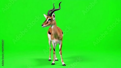 Elegant gazelle gracefully poses against vibrant green backdrop, perfect for nature documentaries, wildlife projects, and commercial advertising campaigns