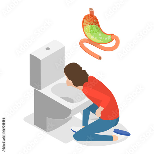 3D Isometric Flat Vector Illustration of Digestive Problem, Ill Individual Discharging Stomach Contents. Item 2