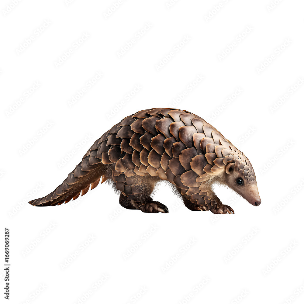Fototapeta premium A curious pangolin with distinctive scales walks forward on a white background.