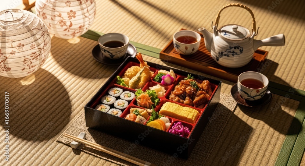 Fototapeta premium Elegant Japanese bento box arrangement with sushi, tempura, and tea service setup