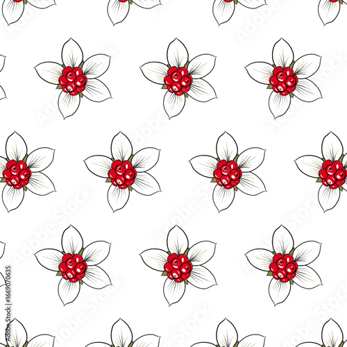 Bunchberry or Cornus canadensis flower Seamless Pattern Hand drawn vector line art, Black and Red Flower isolated in white. Beautiful design for textile, wallpaper, wrapping paper