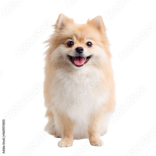 Adorable fluffy Pomeranian dog sits happily with its tongue out on a white background.