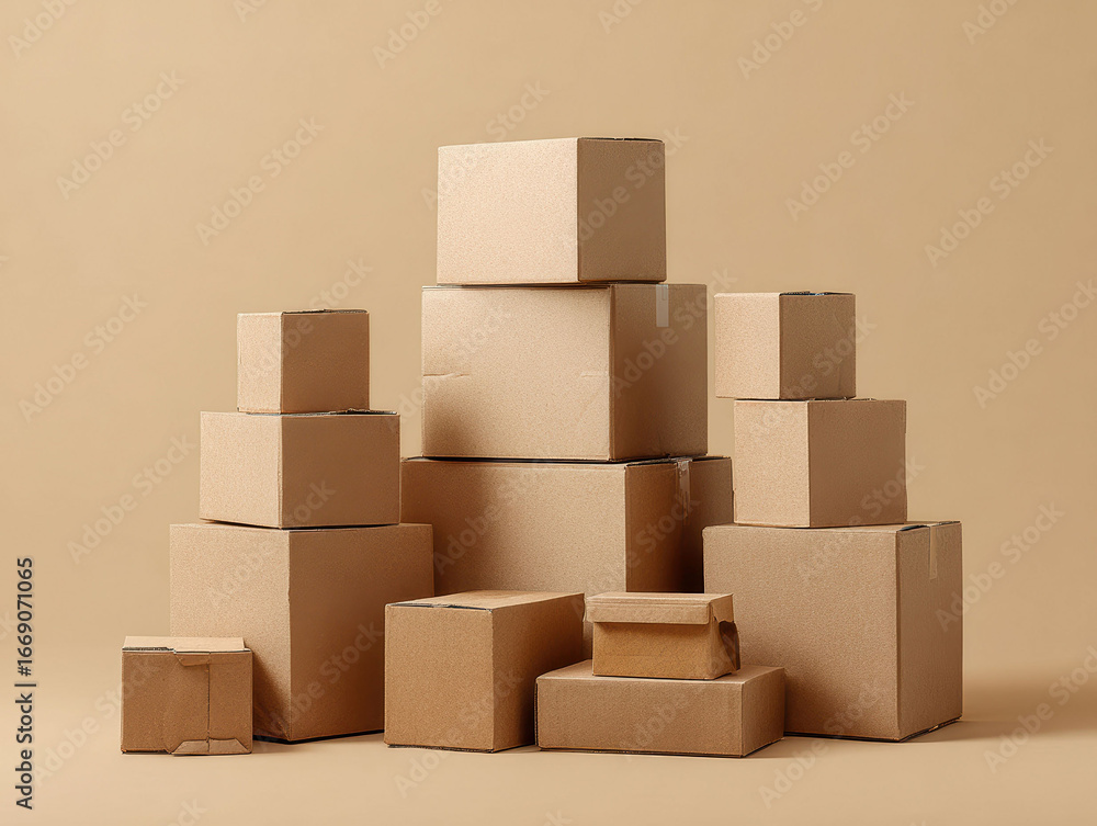 Obraz premium Close-up image of a stacked pile of cardboard boxes, arranged upright and flaps outward, against a light, textured backdrop No people or animals, neutral color palette, - AI-Generated