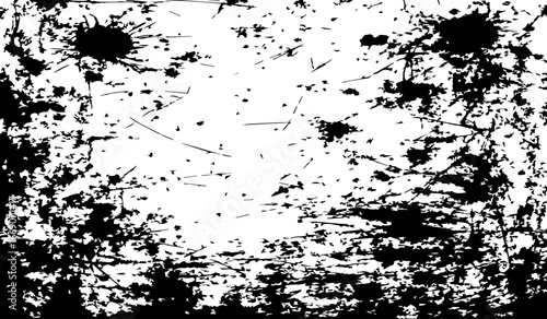 grungy abstract texture background with chaotic black ink splatters. scratches, and scattered stains on a white surface. The design feels raw, distressed, and messy.