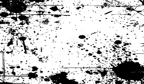 grungy abstract texture background with chaotic black ink splatters. scratches, and scattered stains on a white surface. The design feels raw, distressed, and messy.