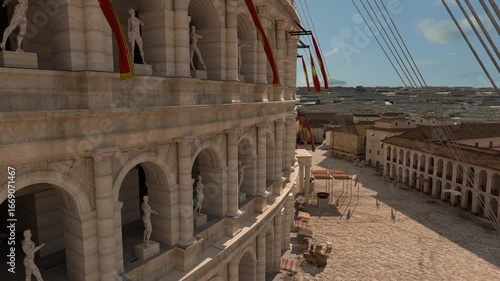 roman colosseum scientific 3D reconstruction with animated detail of the velarium, roman forum and marketplace , flightover and birdsview of the city of rome
