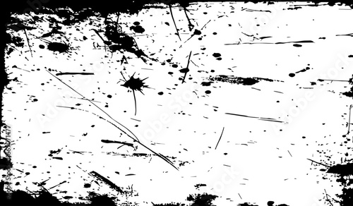 grungy abstract texture background with chaotic black ink splatters. scratches, and scattered stains on a white surface. The design feels raw, distressed, and messy.