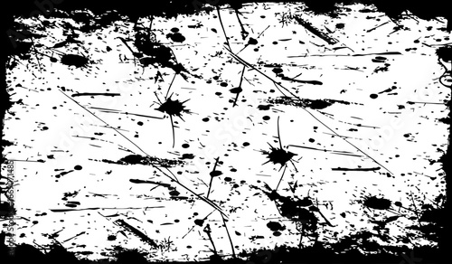 grungy abstract texture background with chaotic black ink splatters. scratches, and scattered stains on a white surface. The design feels raw, distressed, and messy.