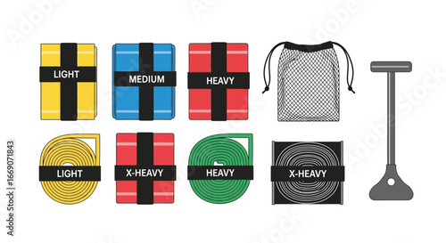 Different resistance levels exercise band set with bag and door anchor isolated