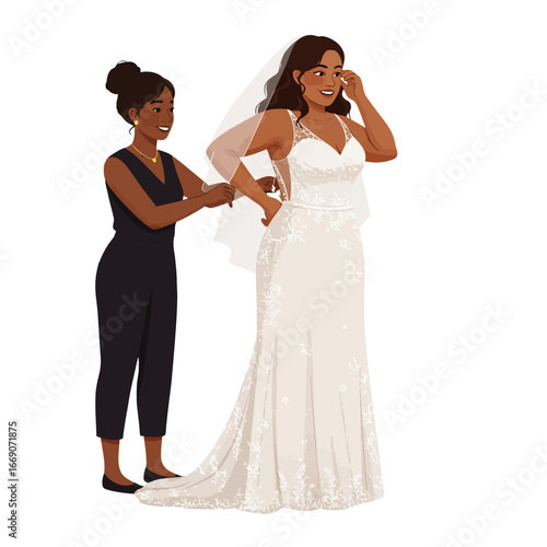 Joyful bride getting ready for wedding day as bridesmaid helps with elegant lace gown and veil, capturing pre-ceremony excitement and loving support