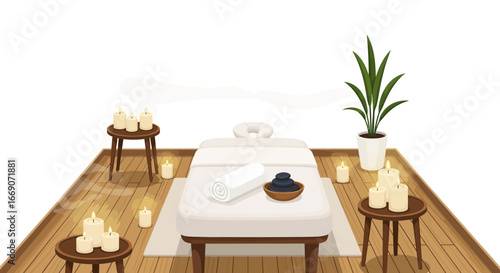 Elegant spa interior with massage bed, hot stones, soft light and plants