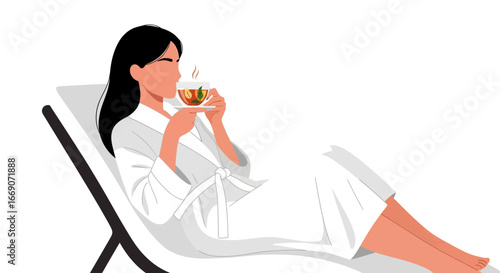 Elegant woman enjoying herbal tea in a serene spa setting illustration