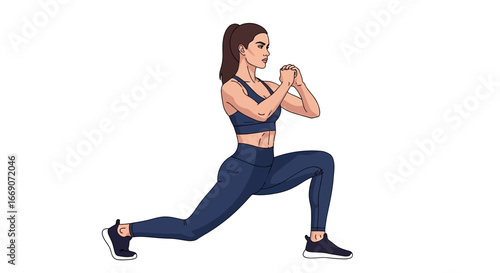 Illustration of a determined woman performing a lunge exercise for fitness