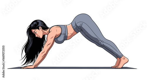 Illustration of a brunette woman in down dog pose on a yoga mat