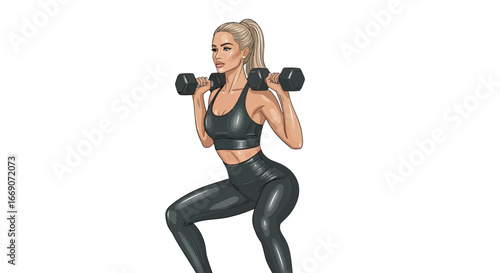 Illustration of a strong woman doing squats with dumbbells for fitness workout