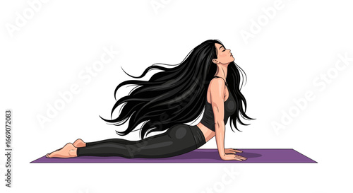 Illustration of a woman practicing yoga in cobra pose with flowing hair