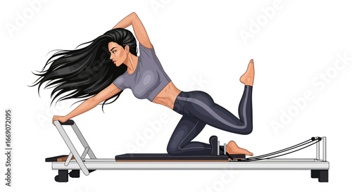Illustration of beautiful woman practicing pilates on reformer machine exercise