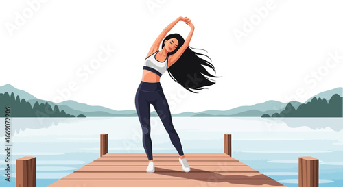 Morning stretch at serene lake pier, woman embracing calm and flexibility