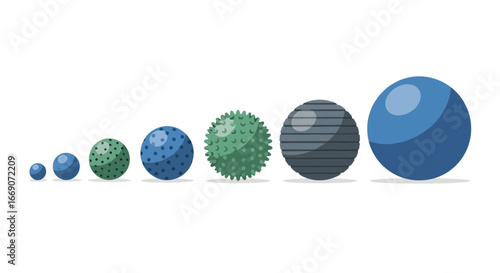 Progression of textured spherical shapes in increasing sizes, a versatile display
